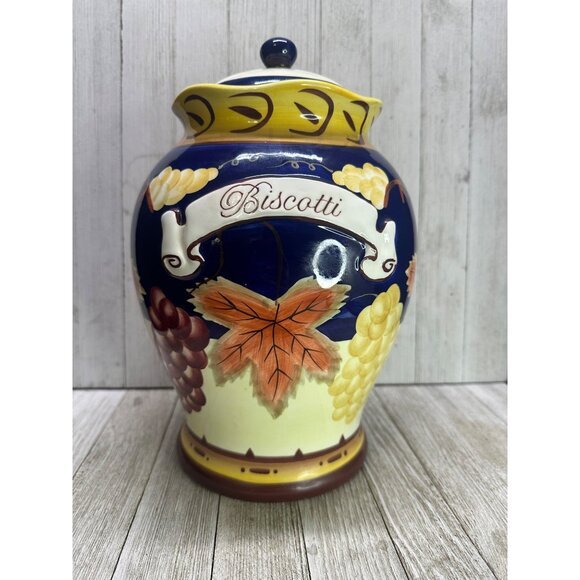 Vtg Cobalt Blue 11" Tall Cookie Jar BISCOTTI Canister Fall Leaves French Country - Picture 1 of 12